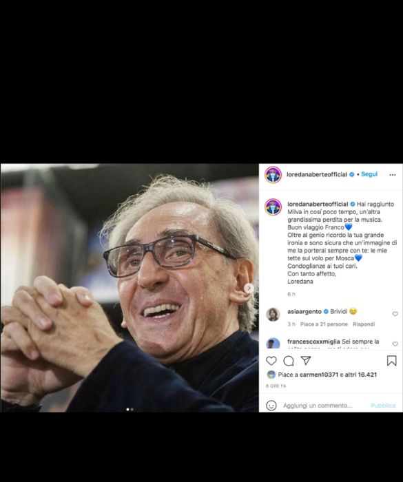 <p>Loredana Bertè ricorda Battiato con un gustoso aneddoto: “Hai raggiunto Milva in così poco tempo, un’altra grandissima perdita per la musica. Buon viaggio Franco. Oltre al genio ricordo la tua grande ironia e sono sicura che un’immagine di me la porterai sempre con te: le mie tette sul volo per Mosca. Condoglianze ai tuoi cari. Con tanto affetto, Loredana”.</p>