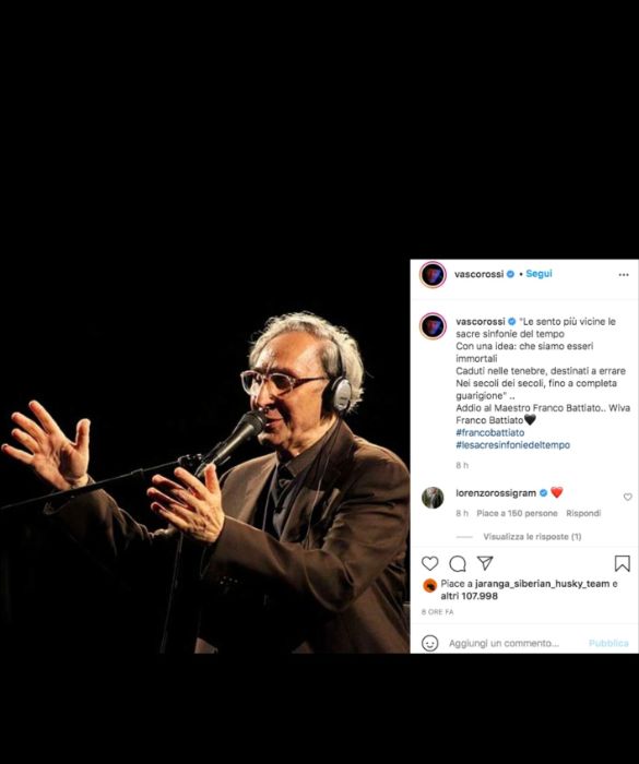 <p>Vasco Rossi saluta Battiato citando i primi versi del brano “Le sacre sinfonie del tempo": "Le sento più vicine le sacre sinfonie del tempo/Con una idea: che siamo esseri immortali/Caduti nelle tenebre, destinati a errare/Nei secoli dei secoli, fino a completa guarigione".</p>
