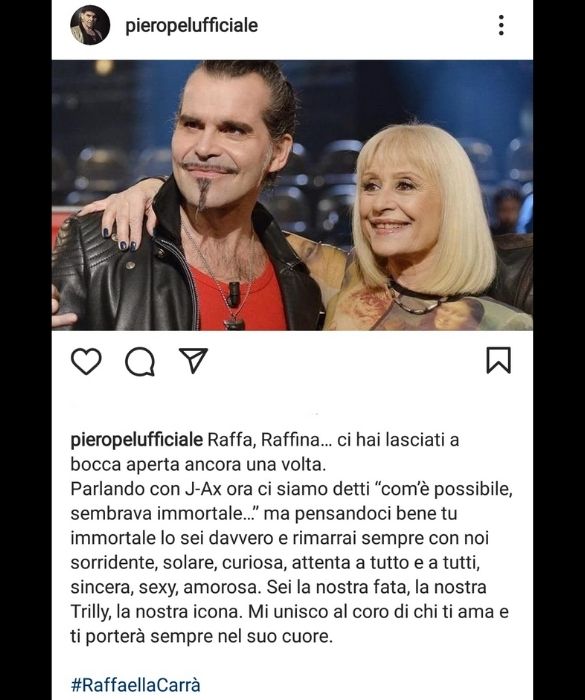 <p>Sulle celebri poltrone di The Voice of Italy, insieme con la Raffa Nazionale, sedeva anche <strong>Piero Pelù</strong>, che saluta Raffaella Carrà con un’immagine di loro due insieme, convinto che questa non sarà mai una separazione definitva: “Parlando con <a href=