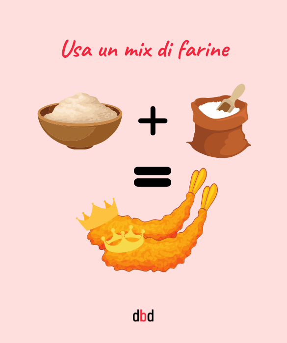 <p>Io friggo utilizzando un <strong>mix di farine</strong>, quindi pure voi, farina classica e farina di riso sono le più indicate per far venire una frittura croccantina come i vostri appuntamenti falliti.</p>
